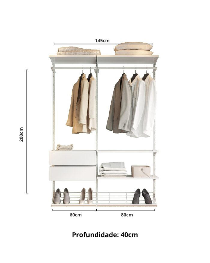 Closet Aberto Modular para Solteiro 145cm (Eternity 31)